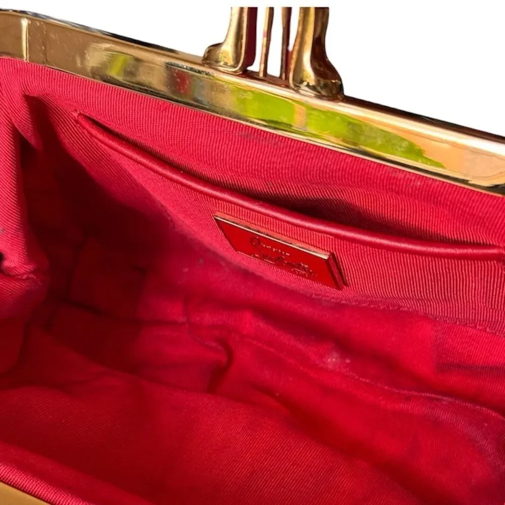 Christian Louboutin Gold Metallic Pleated Clutch Bag Sunburst Crown Frame Luxury